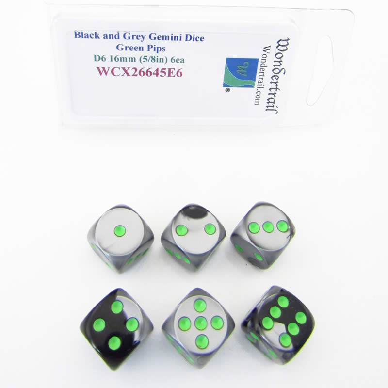 WCX26645E6 Black Grey Gemini Dice Green Pips D6 16mm Pack of 6 Main Image