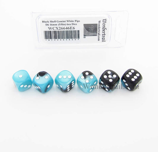 WCX26646E6 Black Shell Gemini Dice White Pips D6 16mm Pack of 6 Main Image