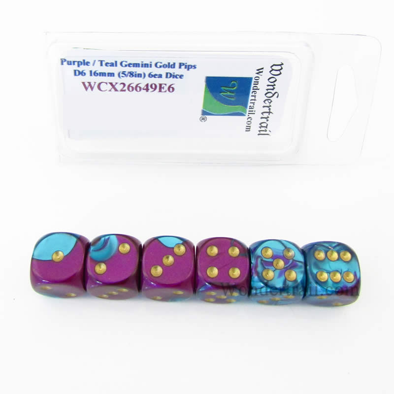 WCX26649E6 Purple Teal Gemini Dice Gold Pips D6 16mm Pack of 6 Main Image