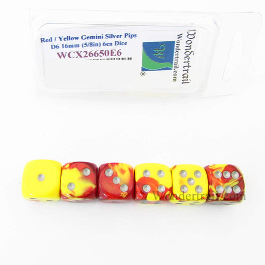 WCX26650E6 Red Yellow Gemini Dice Silver Pips D6 16mm Pack of 6 Main Image