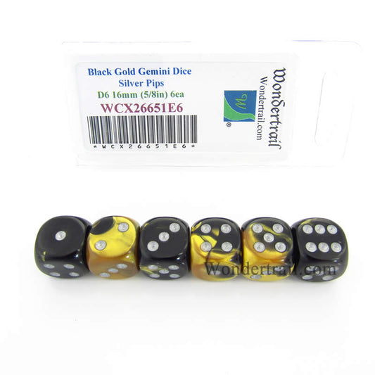 WCX26651E6 Black Gold Gemini Dice Silver Pips D6 16mm Pack of 6 Main Image