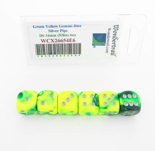 WCX26654E6 Green Yellow Gemini Dice Silver Pips D6 16mm Pack of 6 Main Image