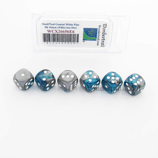 WCX26656E6 Steel Teal Gemini Dice White Pips D6 16mm (5/8in) Pack of 6 Main Image