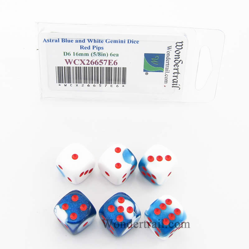 WCX26657E6 Astral Blue White Gemini Dice Red Pips D6 16mm Pack of 6 Main Image