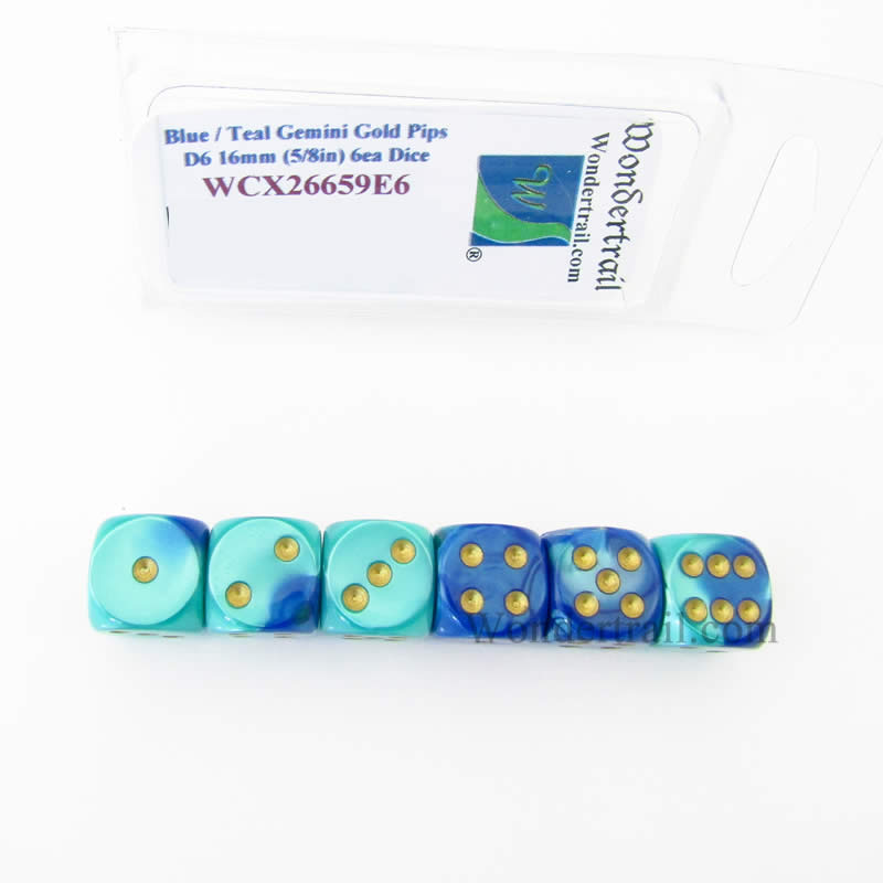WCX26659E6 Blue and Teal Gemini Dice Gold Pips 16mm (5/8in) D6 Set of 6 Main Image