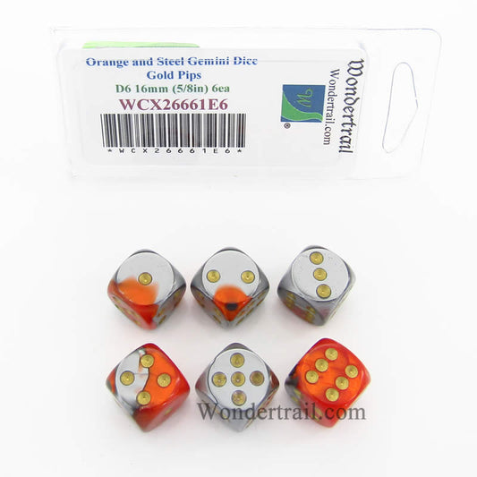 WCX26661E6 Orange and Steel Gemini Dice Gold Pips D6 16mm (5/8in) Pack of 6 Main Image
