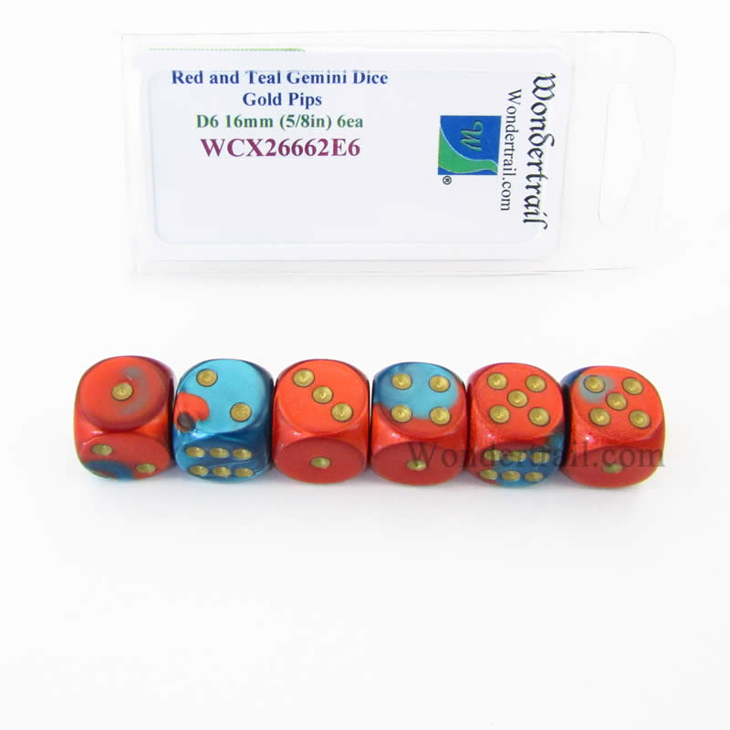 WCX26662E6 Red and Teal Gemini Dice Gold Pips D6 16mm (5/8in) Pack of 6 Main Image