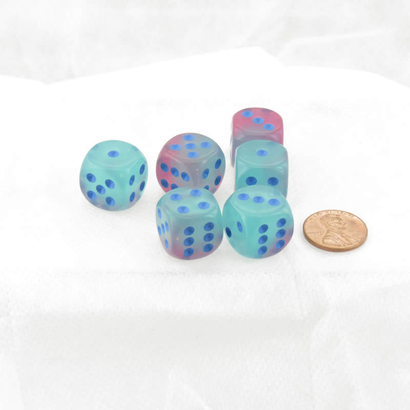 WCX26664E6 Gel Green and Pink Gemini Luminary Dice Blue Pips D6 16mm (5/8in) Pack of 6 Main Image