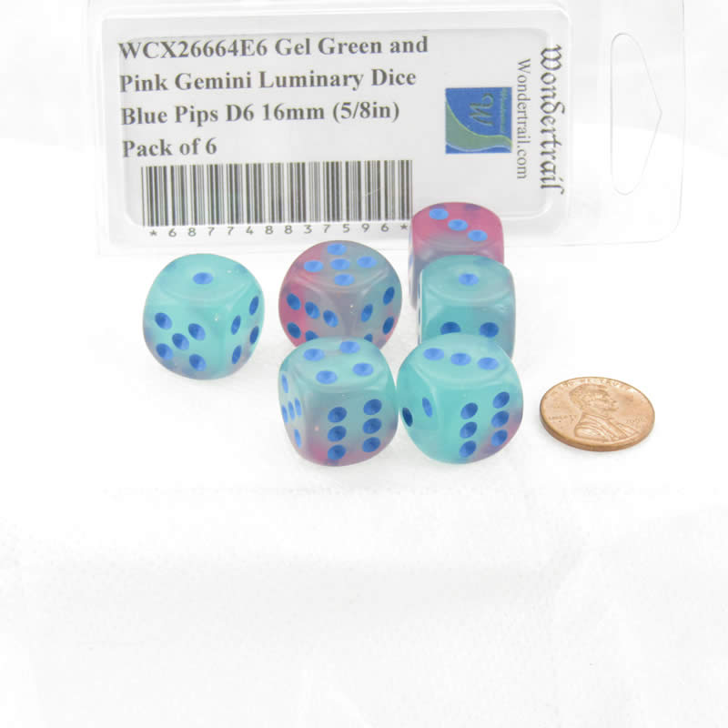 WCX26664E6 Gel Green and Pink Gemini Luminary Dice Blue Pips D6 16mm (5/8in) Pack of 6 2nd Image