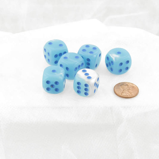 WCX26665E6 Pearl Turquoise and White Gemini Luminary Dice Blue Pips D6 16mm (5/8in) Pack of 6 Main Image