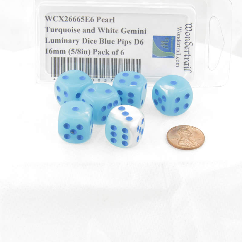 WCX26665E6 Pearl Turquoise and White Gemini Luminary Dice Blue Pips D6 16mm (5/8in) Pack of 6 2nd Image