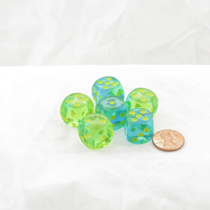 WCX26666E6 Green and Teal Gemini Translucent Dice Yellow Pips D6 16mm (5/8in) Pack of 6 Main Image
