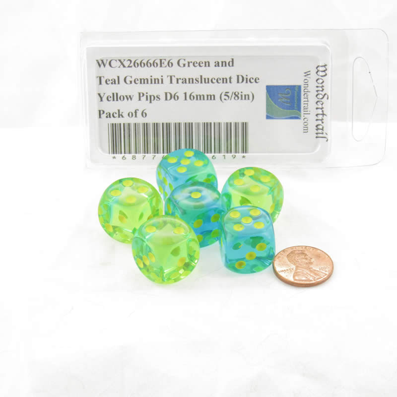 WCX26666E6 Green and Teal Gemini Translucent Dice Yellow Pips D6 16mm (5/8in) Pack of 6 2nd Image