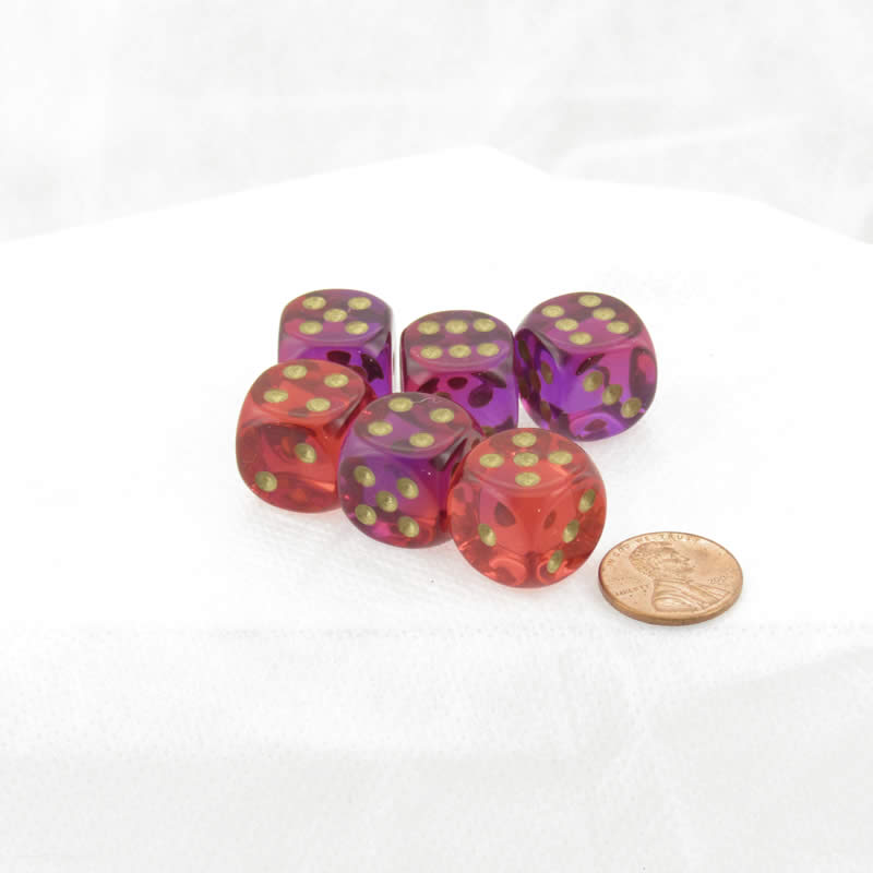 WCX26667E6 Red and Violet Gemini Translucent Dice Gold Pips D6 16mm (5/8in) Pack of 6 Main Image