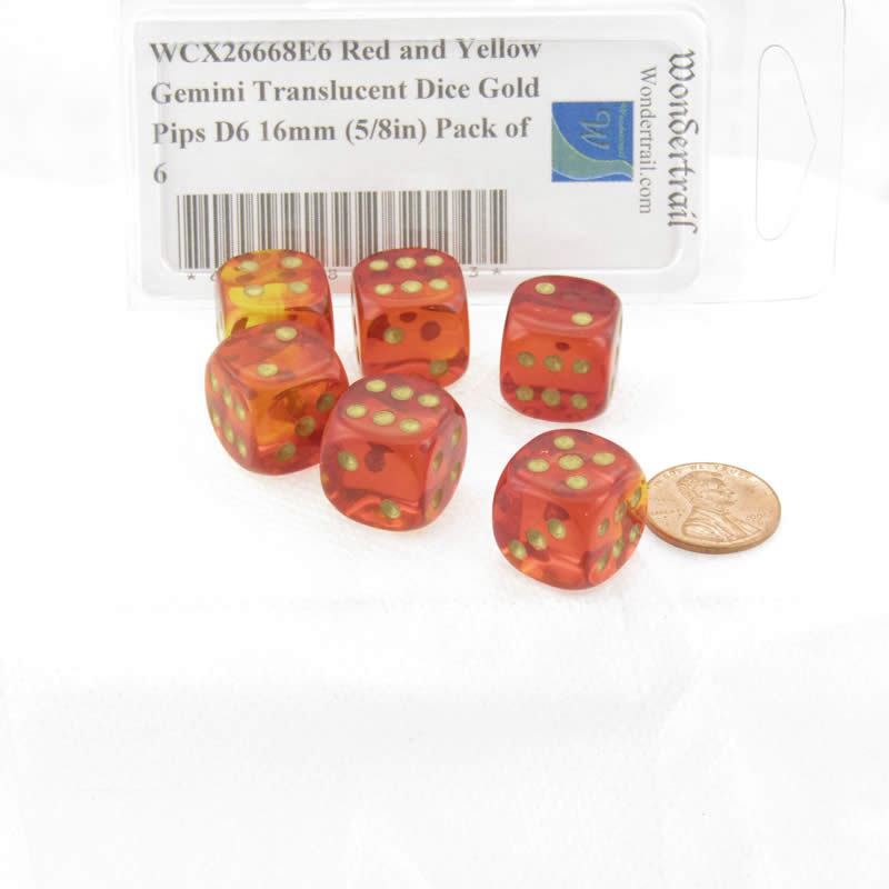 WCX26668E6 Red and Yellow Gemini Translucent Dice Gold Pips D6 16mm (5/8in) Pack of 6 2nd Image