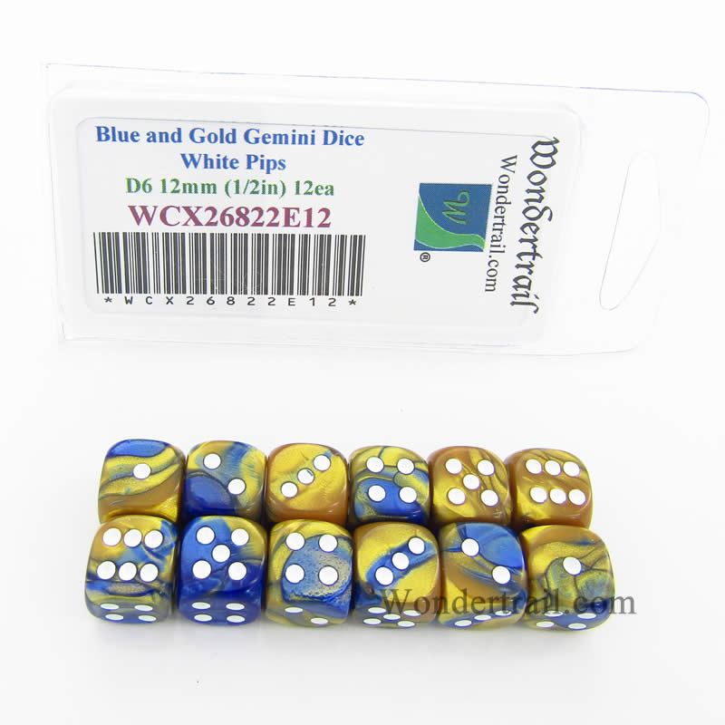 WCX26822E12 Blue Gold Gemini Dice White Pips D6 12mm Pack of 12 Main Image