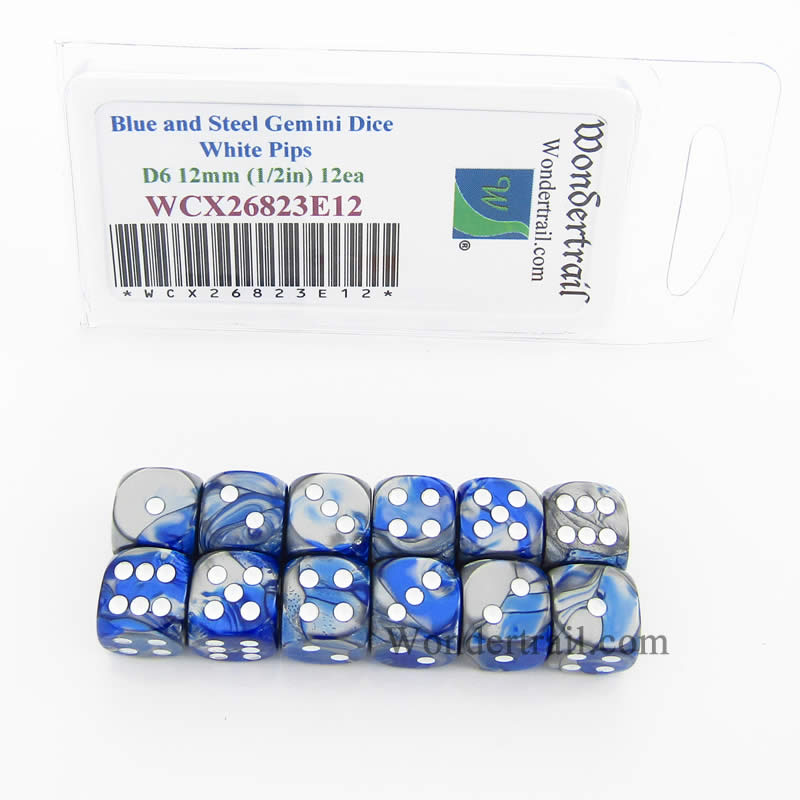 WCX26823E12 Blue Steel Gemini Dice White Pips D6 12mm Pack of 12 Main Image