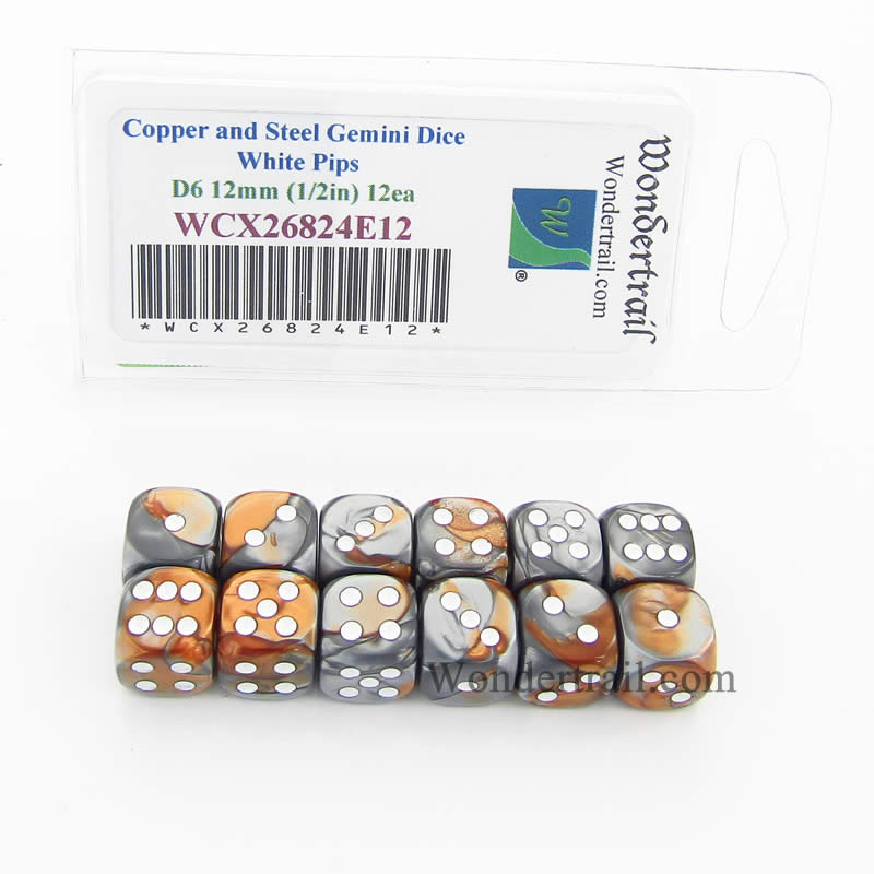 WCX26824E12 Copper Steel Gemini Dice White Pips D6 12mm Pack of 12 Main Image