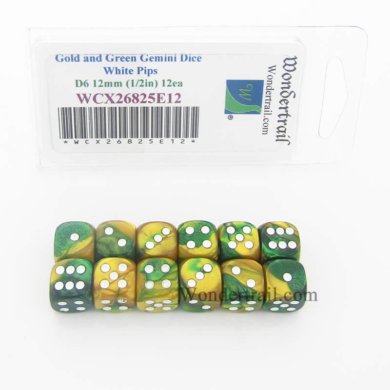 WCX26825E12 Gold Green Gemini Dice White Pips D6 12mm Pack of 12 Main Image