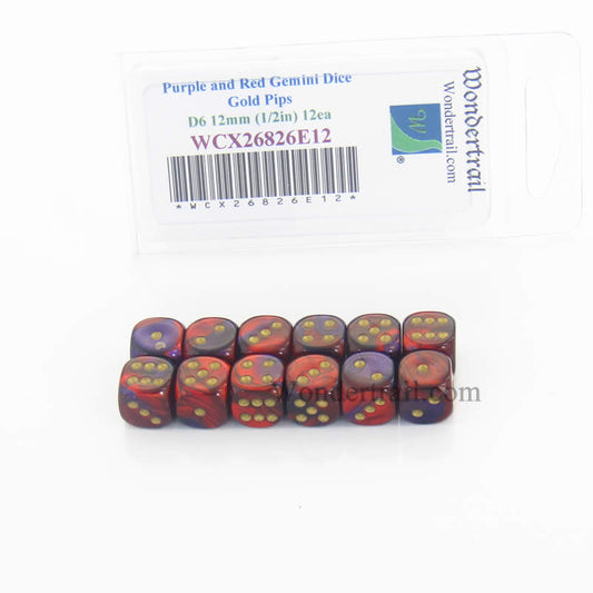 WCX26826E12 Purple Red Gemini Dice Gold Pips D6 12mm Pack of 12 Main Image