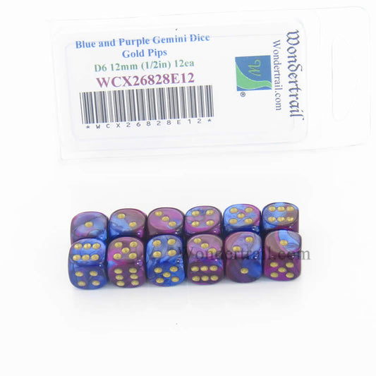 WCX26828E12 Blue Purple Gemini Dice Gold Pips D6 12mm Pack of 12 Main Image