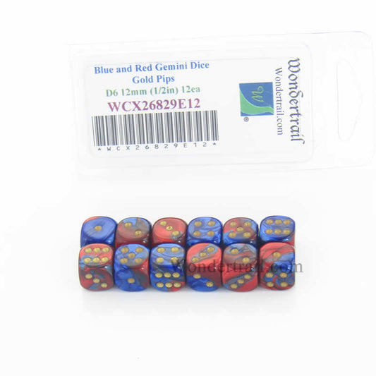WCX26829E12 Blue Red Gemini Dice Gold Pips D6 12mm Pack of 12 Main Image