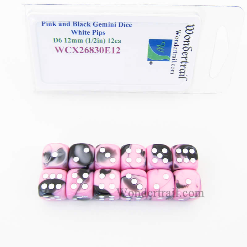 WCX26830E12 Pink Black Gemini Dice White Pips D6 12mm Pack of 12 Main Image