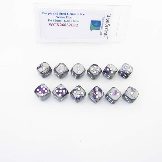 WCX26832E12 Purple Steel Gemini Dice White Pips D6 12mm Pack of 12 Main Image