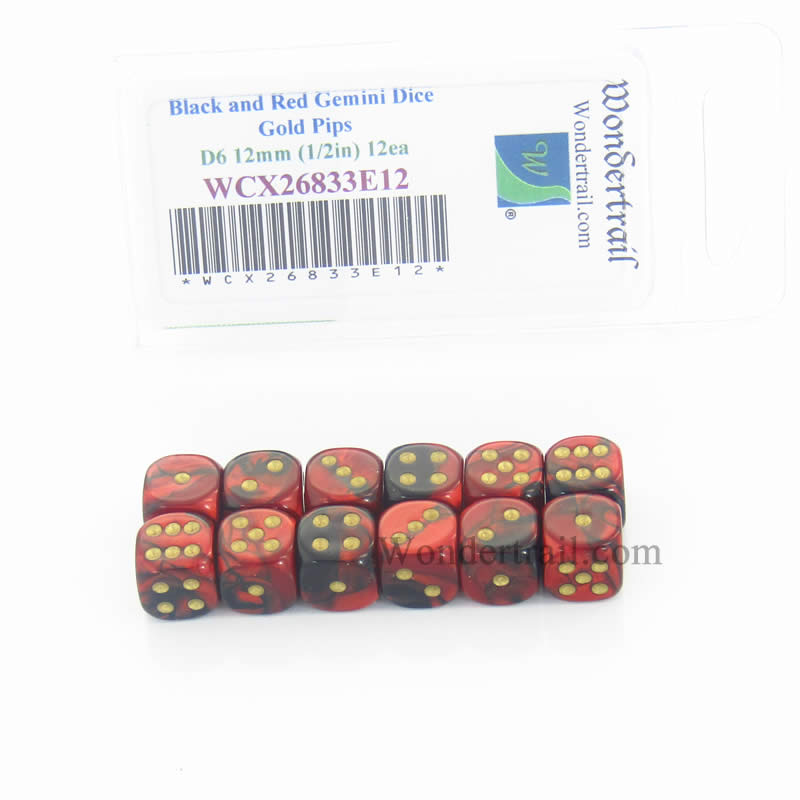 WCX26833E12 Black Red Gemini Dice Gold Pips D6 12mm Pack of 12 Main Image