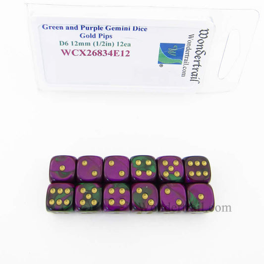 WCX26834E12 Green Purple Gemini Dice Gold Pips D6 12mm Pack of 12 Main Image