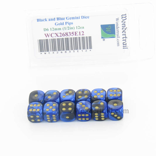WCX26835E12 Black Blue Gemini Dice Gold Pips D6 12mm Pack of 12 Main Image