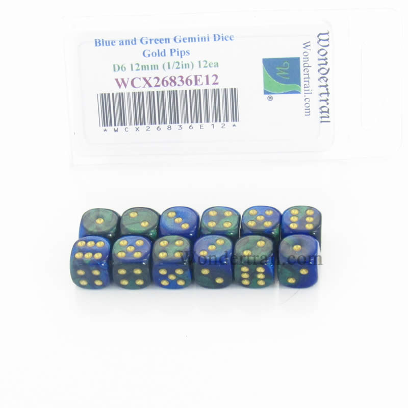 WCX26836E12 Blue Green Gemini Dice Gold Pips D6 12mm Pack of 12 Main Image