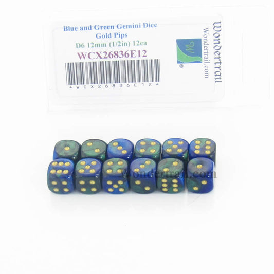 WCX26836E12 Blue Green Gemini Dice Gold Pips D6 12mm Pack of 12 Main Image