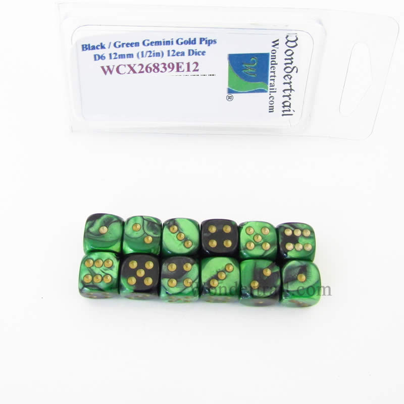 WCX26839E12 Black Green Gemini Dice Gold Pips 12mm D6 Set of 12 Main Image