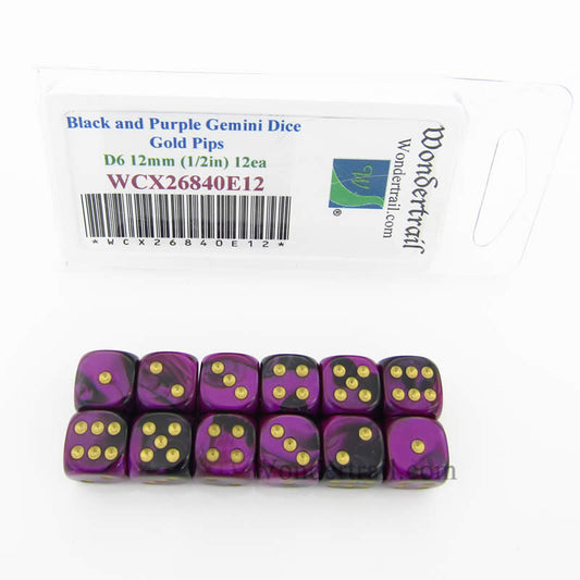 WCX26840E12 Black Purple Gemini Dice Gold Pips 12mm D6 Set of 12 Main Image