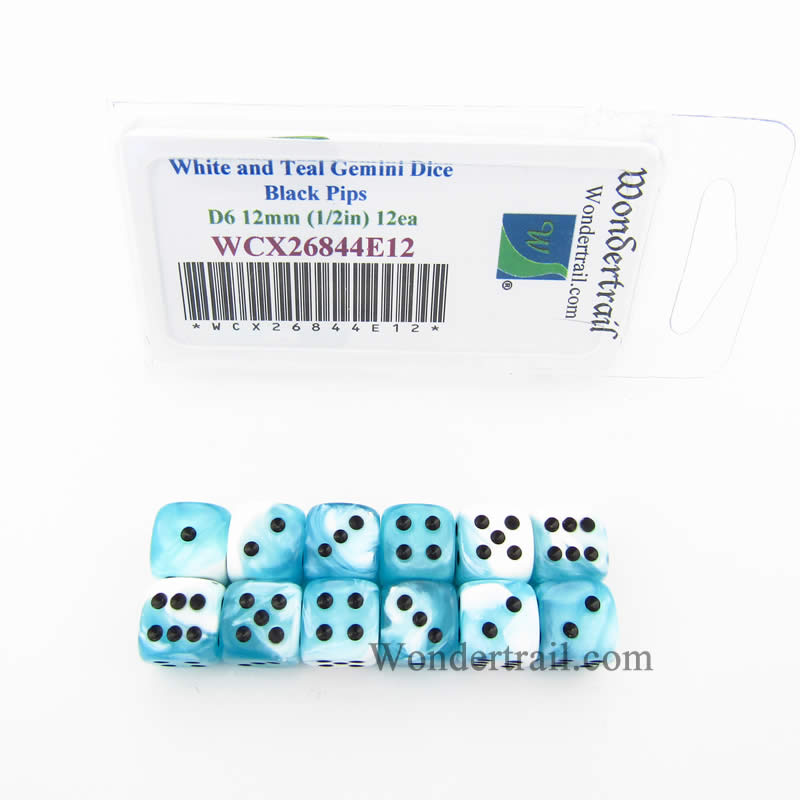 WCX26844E12 White Teal Gemini Dice Black Pips D6 12mm Pack of 12 Main Image