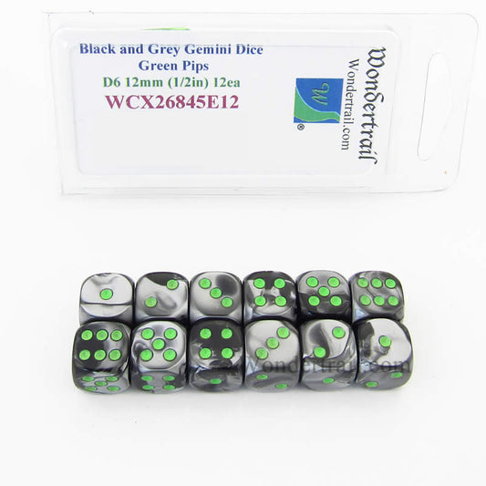 WCX26845E12 Black Grey Gemini Dice Green Pips D6 12mm Pack of 12 Main Image