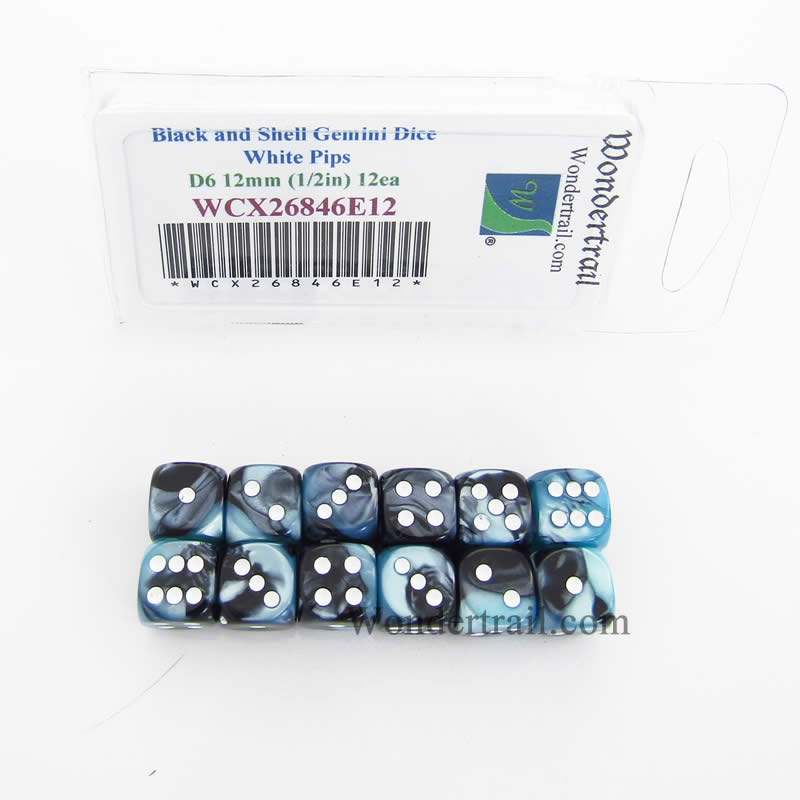 WCX26846E12 Black Shell Gemini Dice White Pips D6 12mm Pack of 12 Main Image