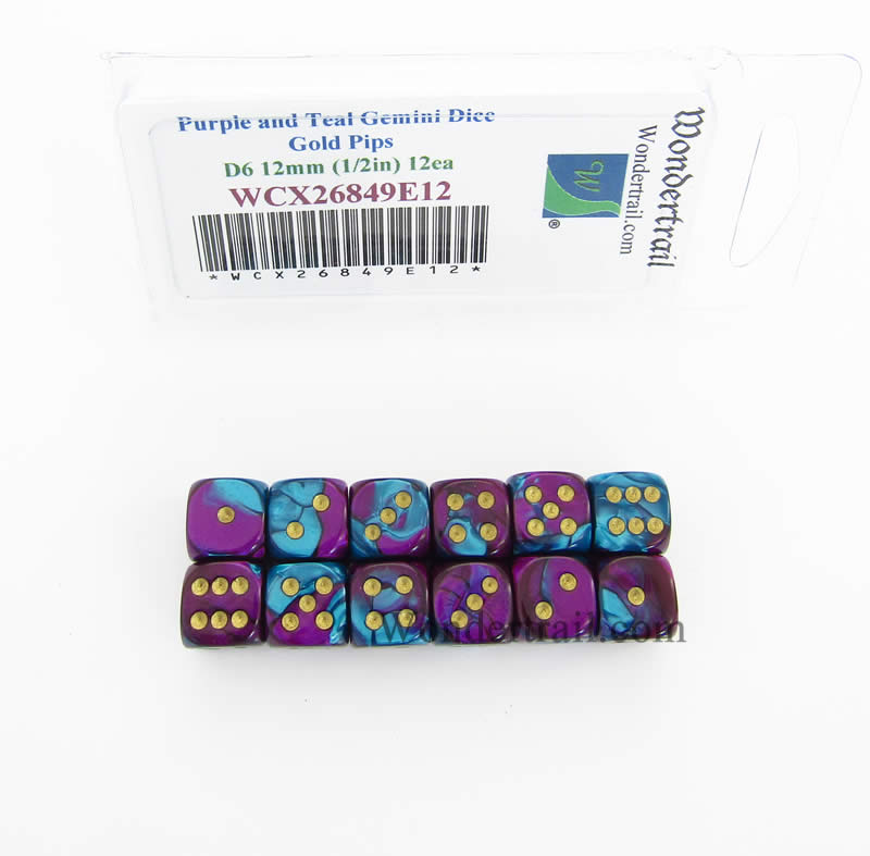 WCX26849E12 Purple Teal Gemini Dice Gold Pips D6 12mm Pack of 12 Main Image