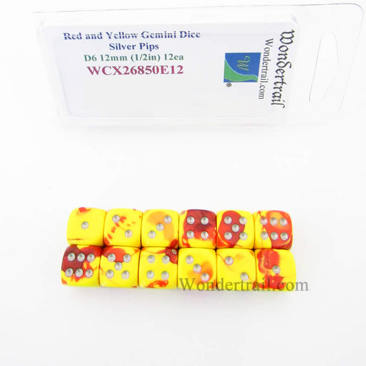 WCX26850E12 Red Yellow Gemini Dice Silver Pips D6 12mm Pack of 12 Main Image