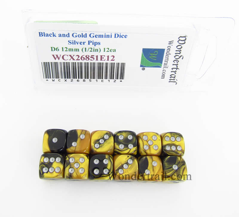 WCX26851E12 Black Gold Gemini Dice Silver Pips D6 12mm Pack of 12 Main Image