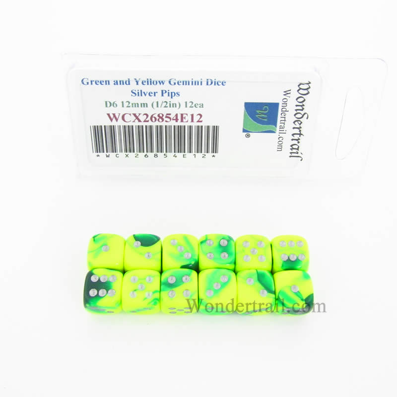 WCX26854E12 Green Yellow Gemini Dice Silver Pips D6 12mm Pack of 12 Main Image