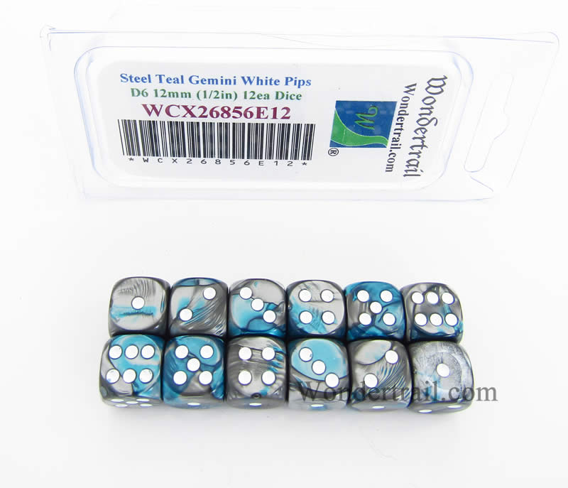 WCX26856E12 Steel Teal Gemini Dice White Pips 12mm D6 Set of 12 Main Image