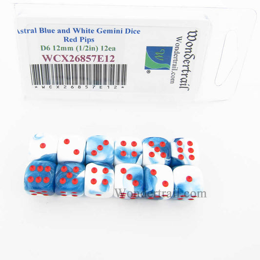 WCX26857E12 Astral Blue White Gemini Dice Red Pips 12mm D6 Set of 12 Main Image