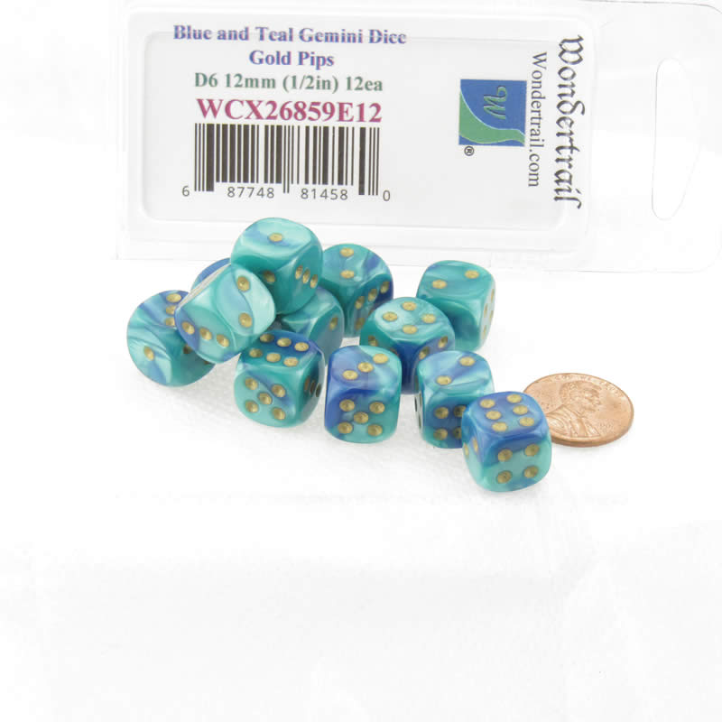 WCX26859E12 Blue Teal Gemini Dice Gold Pips 12mm D6 Set of 12 2nd Image