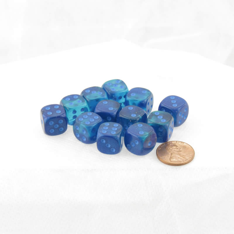 WCX26863E12 Blue and Blue Gemini Luminary Dice Light Blue Pips D6 12mm (1/2in) Set of 12 Main Image