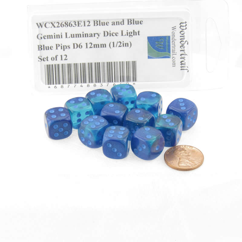 WCX26863E12 Blue and Blue Gemini Luminary Dice Light Blue Pips D6 12mm (1/2in) Set of 12 2nd Image