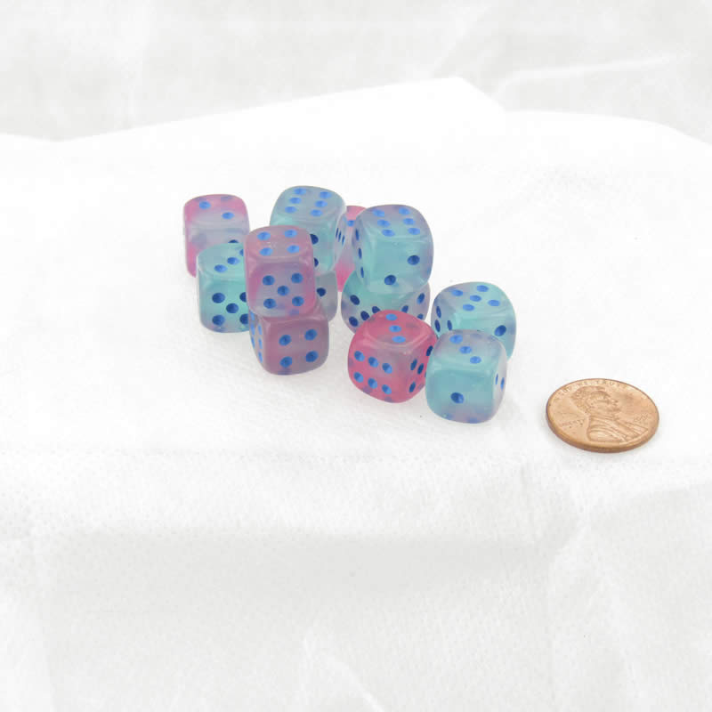 WCX26864E12 Gel Green and Pink Gemini Luminary Dice Blue Pips D6 12mm (1/2in) Set of 12 Main Image