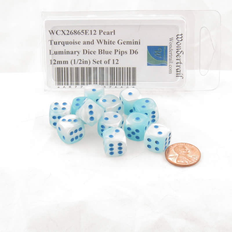 WCX26865E12 Pearl Turquoise and White Gemini Luminary Dice Blue Pips D6 12mm (1/2in) Set of 12 2nd Image