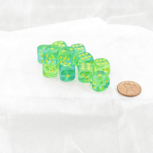 WCX26866E12 Green and Teal Gemini Translucent Dice Yellow Pips D6 12mm (1/2in) Set of 12 Main Image